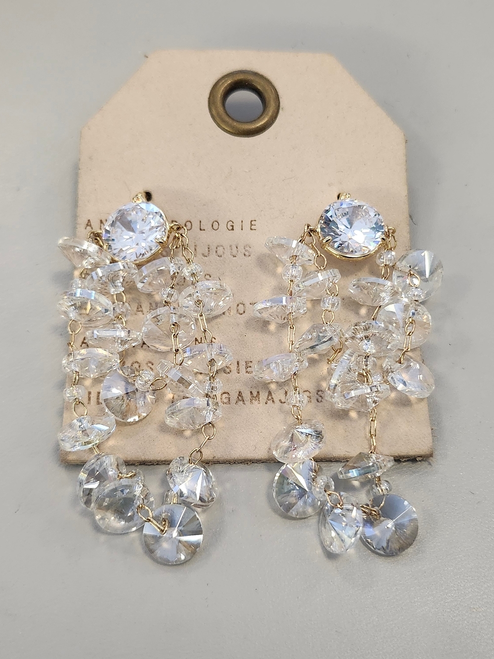 NWT Anthropologie Gold-Tone Crystal Chandelier Earrings